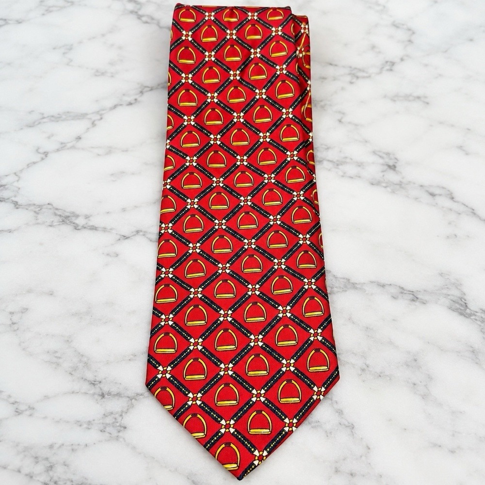 Paolo Gucci 100% Silk Tie Red Equestrian Stirrup Print Made Italy